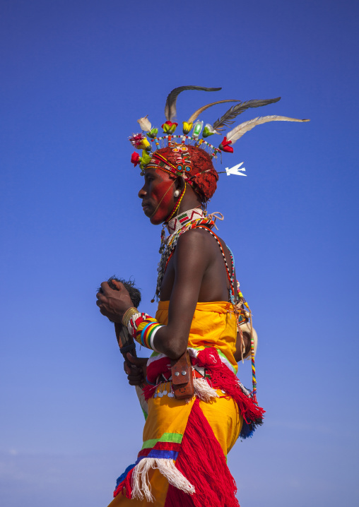 Portrait of rendille warrior wearing traditional headwear, Turkana lake, Loiyangalani, Kenya