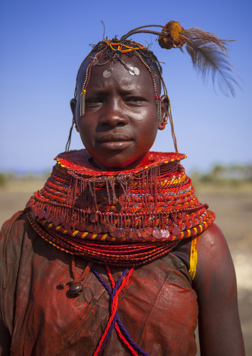 Turkana tribe woman with huge necklaces and ear rings, Turkana lake, Loiyangalani, Kenya