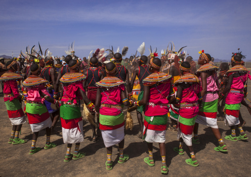 Rendille and turkana tribes dancing together during a festival, Turkana lake, Loiyangalani, Kenya