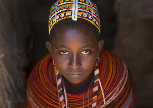 Rendille tribeswoman wearing traditional headdress and jewellery, Marsabit district, Ngurunit, Kenya