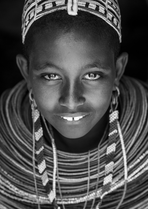 Rendille tribeswoman wearing traditional headdress and jewellery, Marsabit district, Ngurunit, Kenya