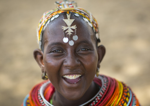 Rendille tribeswoman wearing traditional headdress and jewellery, Marsabit district, Ngurunit, Kenya