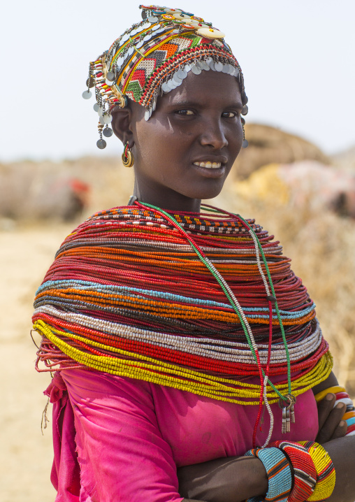 Rendille tribeswoman wearing traditional headdress and jewellery, Marsabit district, Ngurunit, Kenya