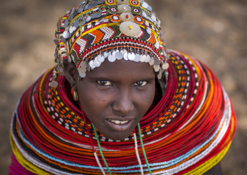 Rendille tribeswoman wearing traditional headdress and jewellery, Marsabit district, Ngurunit, Kenya