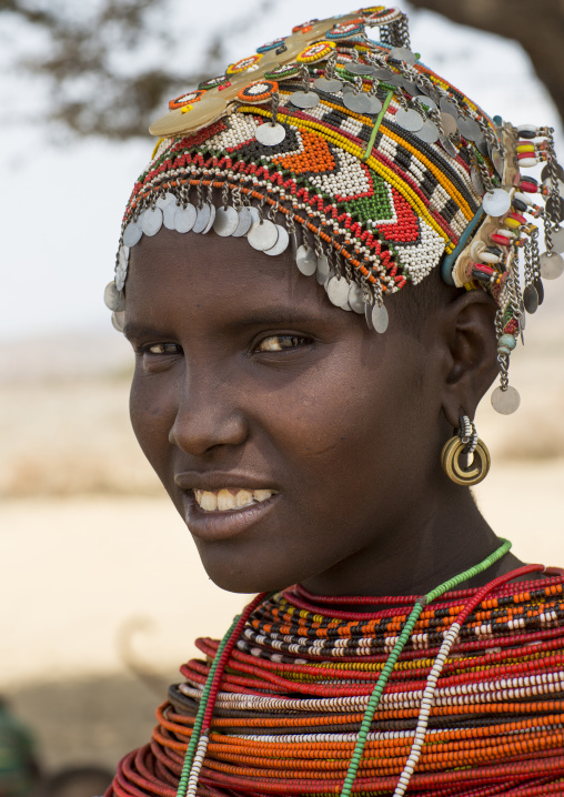 Rendille tribeswoman wearing traditional headdress and jewellery, Marsabit district, Ngurunit, Kenya