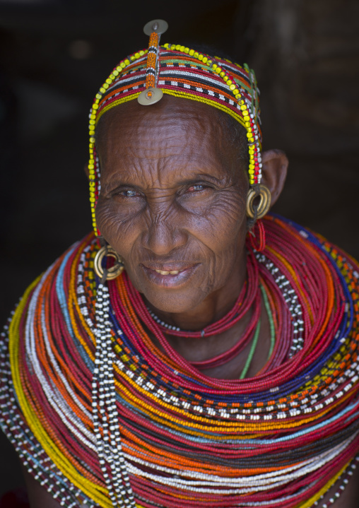 Rendille tribeswoman wearing traditional headdress and jewellery, Marsabit district, Ngurunit, Kenya