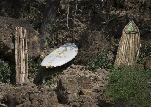 Traditional boats on the rocky bank, Baringo county, Baringo, Kenya