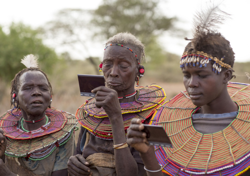 Pokot women wear large necklaces made from the stems of sedge grass, Baringo county, Baringo, Kenya