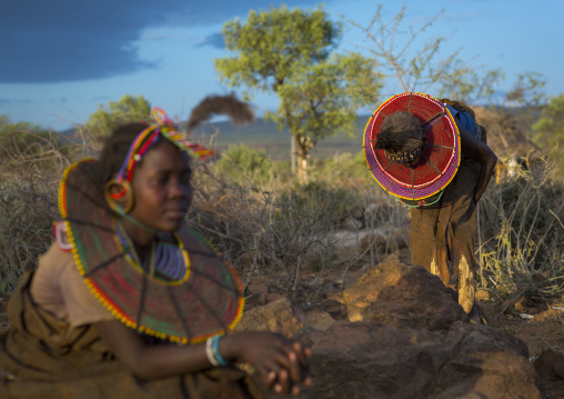 Pokot women wear large necklaces made from the stems of sedge grass, Baringo county, Baringo, Kenya