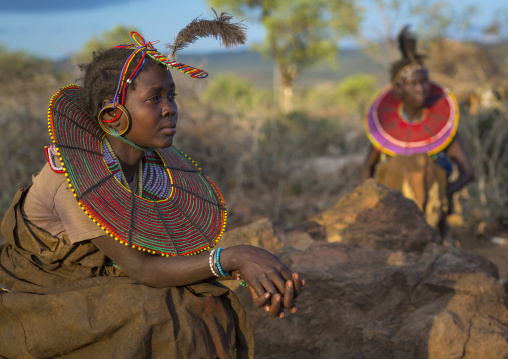 Pokot women wear large necklaces made from the stems of sedge grass, Baringo county, Baringo, Kenya