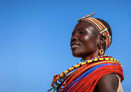 Portrait of a Samburu tribe woman with beaded necklaces, Samburu County, Maralal, Kenya
