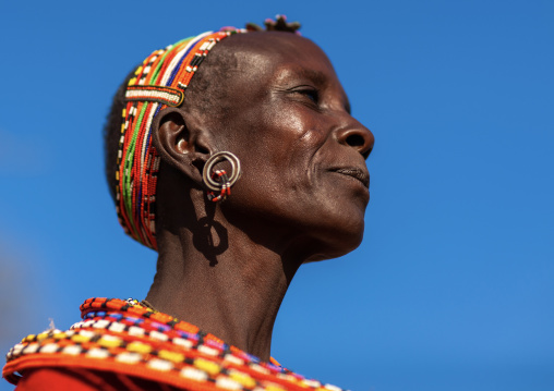 Portrait of a Samburu tribe woman with beaded headwear, Samburu County, Maralal, Kenya