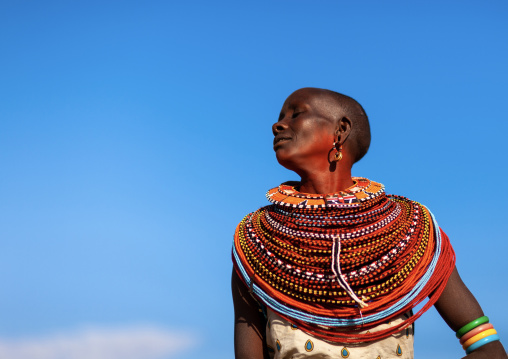Portrait of a Samburu tribe woman with beaded necklaces, Samburu County, Maralal, Kenya
