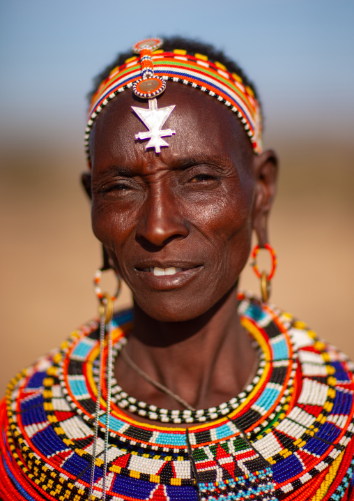 Portrait of a Samburu tribe woman with beaded necklaces, Samburu County, Maralal, Kenya