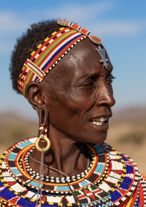 Portrait of a Samburu tribe woman with beaded necklaces, Samburu County, Maralal, Kenya