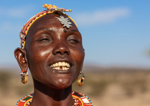 Portrait of a Samburu tribe woman with beaded headwear, Samburu County, Maralal, Kenya