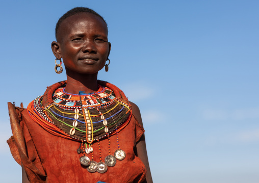 Portrait of a Samburu tribe woman with beaded necklaces, Samburu County, Maralal, Kenya