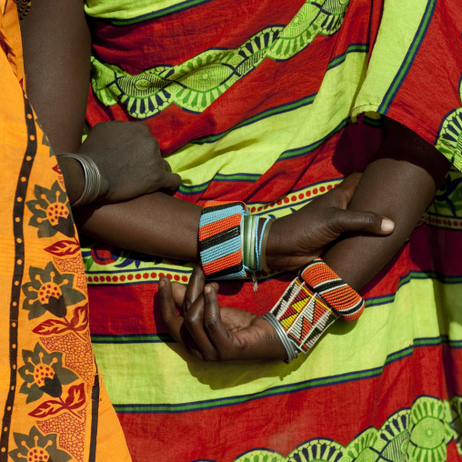 Samburu tribe woman hands with beaded bracelets, Samburu County, Maralal, Kenya