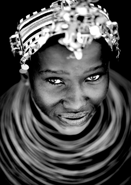 Portrait of a young Samburu tribe woman with beaded necklaces, Samburu County, Maralal, Kenya