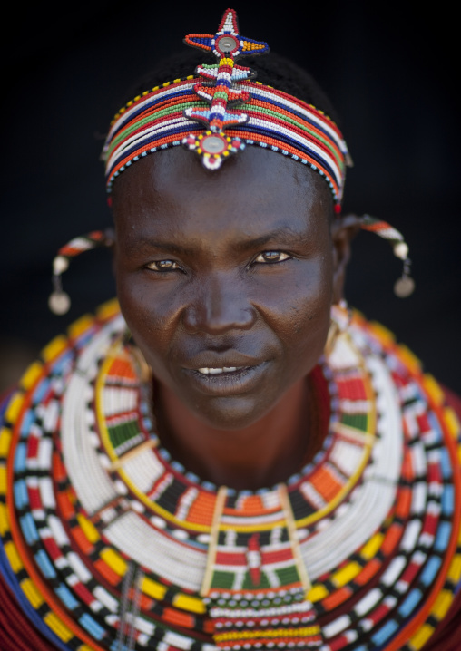 Portrait of a Samburu tribe woman with beaded necklaces, Samburu County, Maralal, Kenya