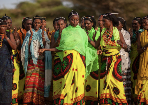 Gabra tribe women dancing in line, Marsabit County, Chalbi Desert, Kenya