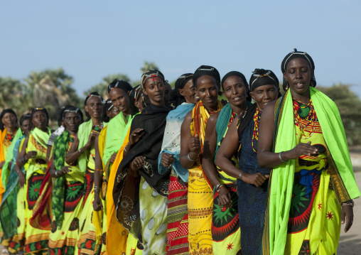 Gabra tribe women dancing in line, Marsabit County, Chalbi Desert, Kenya