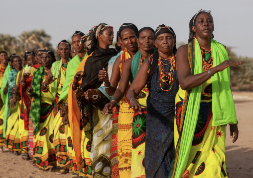 Gabra tribe women dancing in line, Marsabit County, Chalbi Desert, Kenya