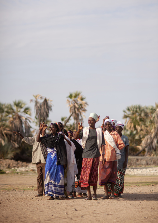 Gabra tribe people dancing during a ceremony, Marsabit County, Chalbi Desert, Kenya