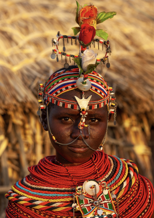 Portrait of a Rendille tribe woman with necklaces and headwear, Rift Valley Province, Turkana lake, Kenya