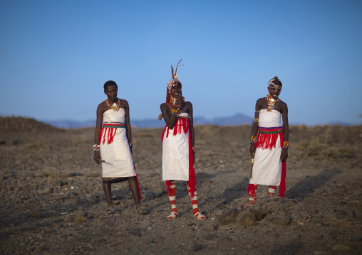 Portrait of rendille warriors wearing traditional headwears, Marsabit district, Ngurunit, Kenya