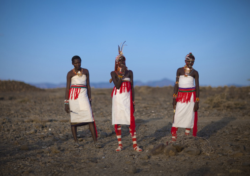 Portrait of rendille warriors wearing traditional headwears, Marsabit district, Ngurunit, Kenya
