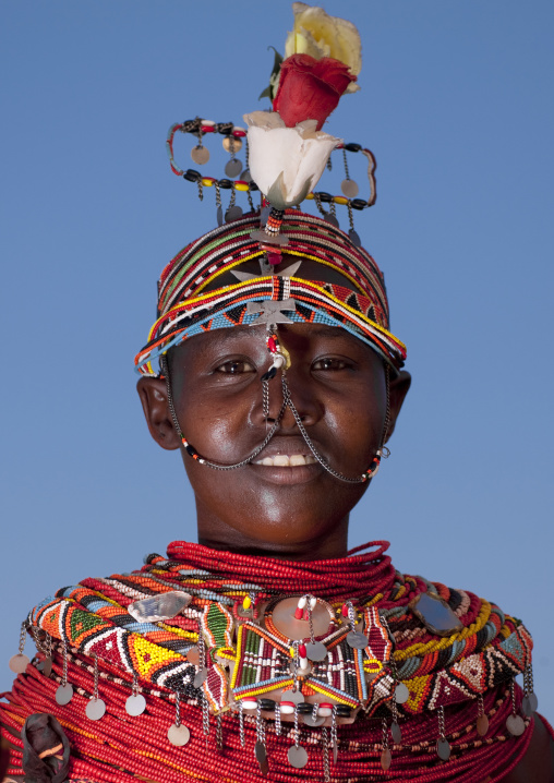 Rendille tribeswoman wearing traditional headdress and jewellery, Marsabit district, Ngurunit, Kenya