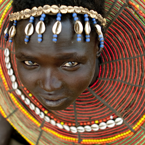 Portrait of a Pokot tribe woman with huge necklace, Baringo County, Baringo, Kenya
