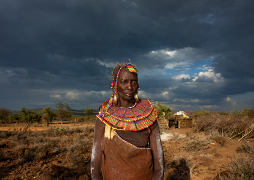 A pokot woman with a large necklace made from the stems of sedge grass, Baringo County, Baringo, Kenya