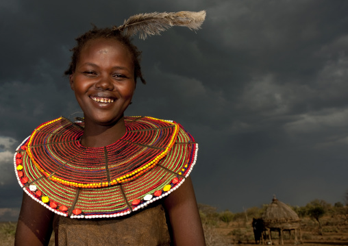 Portrait of a Pokot tribe girl wearing a huge necklace, Baringo County, Baringo, Kenya