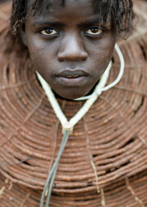 Portrait of a Pokot tribe girl wearing a huge necklace, Baringo County, Baringo, Kenya