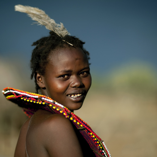 Portrait of a Pokot tribe girl wearing a huge necklace, Baringo County, Baringo, Kenya