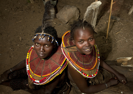 Portrait of Pokot tribe girls with huge necklaces, Baringo County, Baringo, Kenya