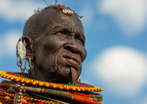 Portrait of a Turkana tribe woman with large earrings and necklaces, Rift Valley Province, Turkana lake, Kenya