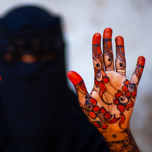 Muslim woman with henna on the hands and arms, Lamu County, Lamu, Kenya