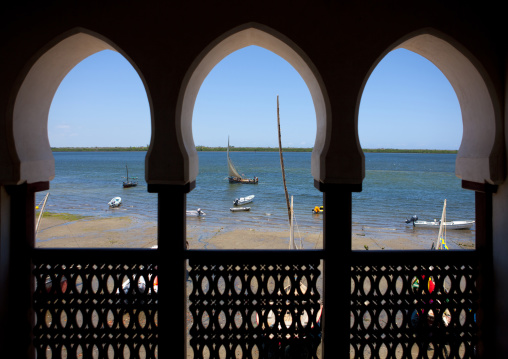 View on the sea through swahili style windows, Lamu County, Lamu, Kenya