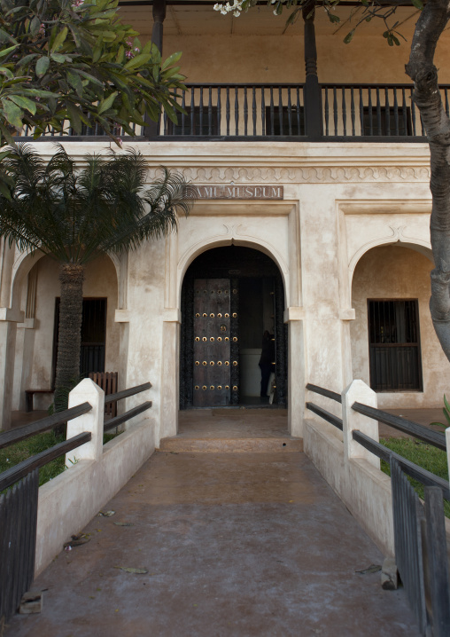 Carved wooden front door of the swahili museum, Lamu County, Lamu, Kenya