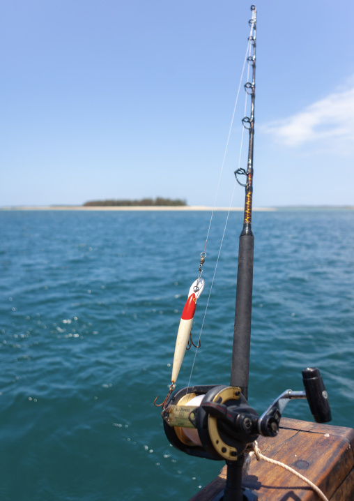 Fishing rod and reel on boat, Lamu County, Lamu, Kenya