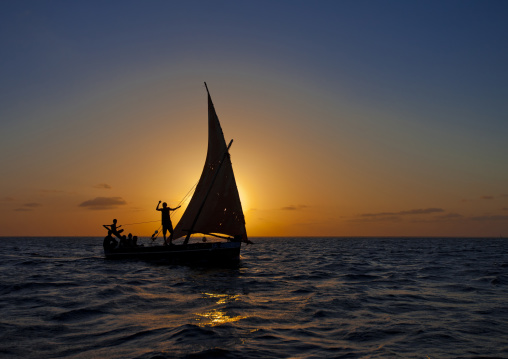 Men sailing on a dhow at sunset, Lamu County, Lamu, Kenya