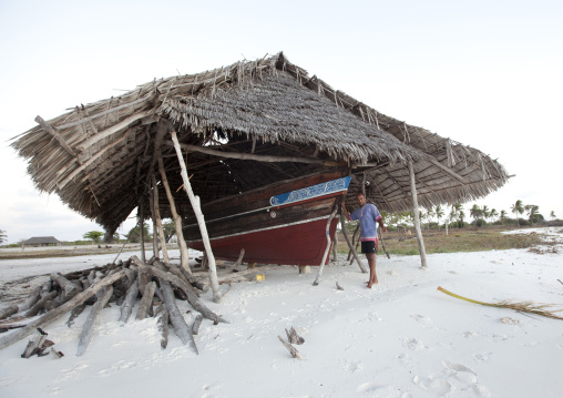 Shipyard on a beach with palm roof, Lamu County, Lamu, Kenya