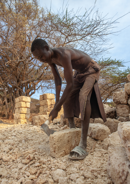 Man working in a coral stone quarry, Lamu County, Manda island, Kenya
