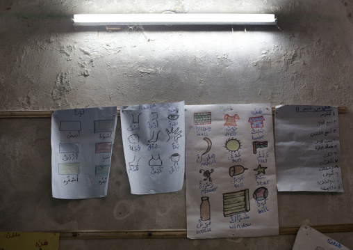 Bilingual drawings in stonetown academy classroom, Lamu County, Lamu, Kenya