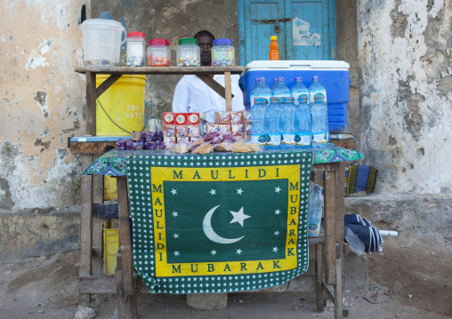 Muslim street seller stall of drinks and food, Lamu County, Lamu, Kenya