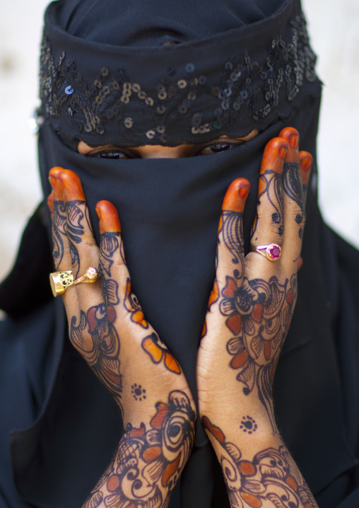 Muslim woman with henna on the hands and arms, Lamu County, Lamu, Kenya