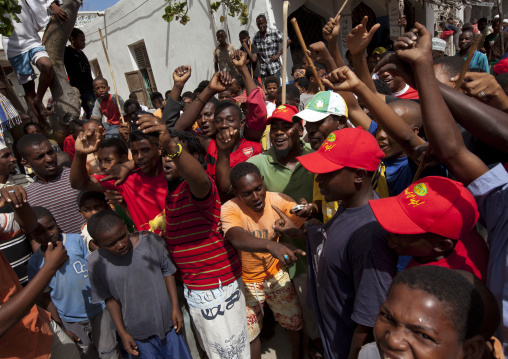 Crowd shouting during donkey riders strike, Lamu County, Lamu, Kenya